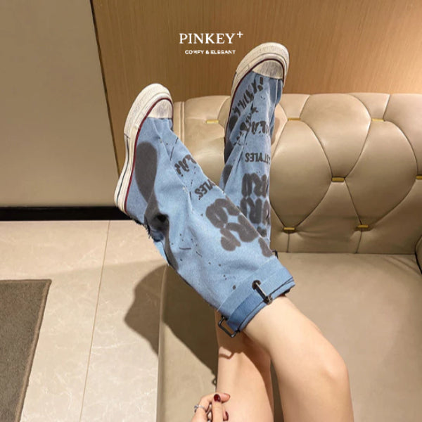 PINKEY P335 Sepatu Boots Kain Motif Corak— Heels 3cm