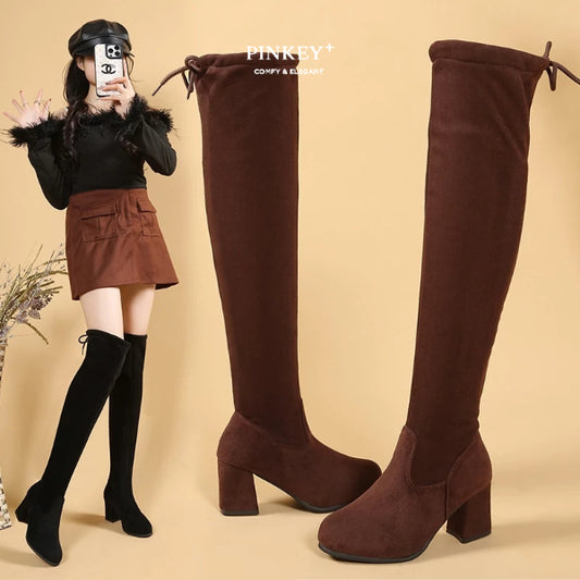 PINKEY P032 Sepatu Boots Selutut — Block Heels 7cm