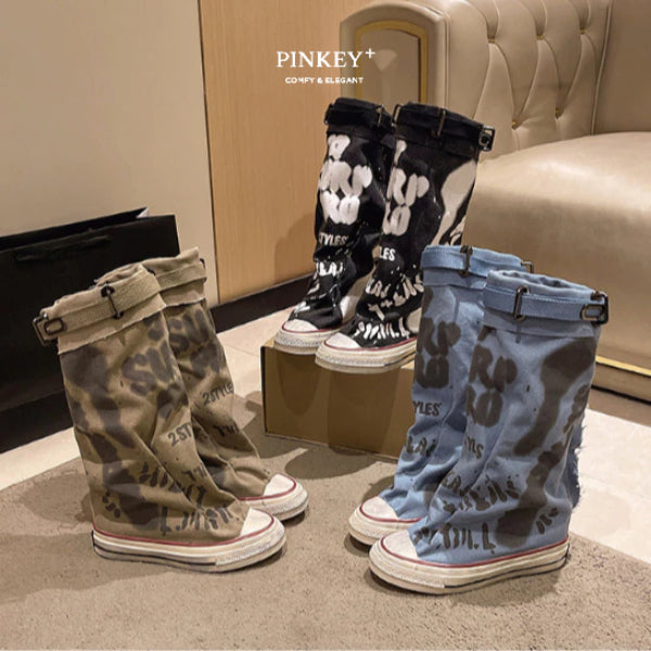 PINKEY P335 Sepatu Boots Kain Motif Corak— Heels 3cm