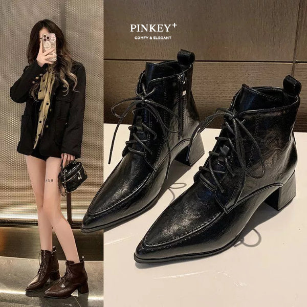 PINKEY P367 Boots Wanita Tali Depan – High Heels Kulit Style