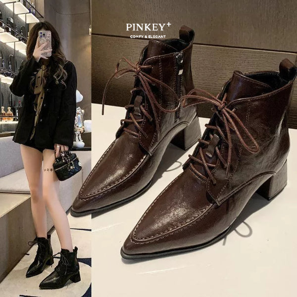 PINKEY P367 Boots Wanita Tali Depan – High Heels Kulit Style