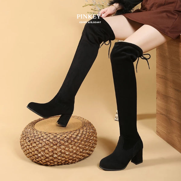 PINKEY P032 Sepatu Boots Selutut — Block Heels 7cm