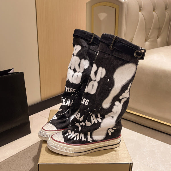 PINKEY P335 Sepatu Boots Kain Motif Corak— Heels 3cm