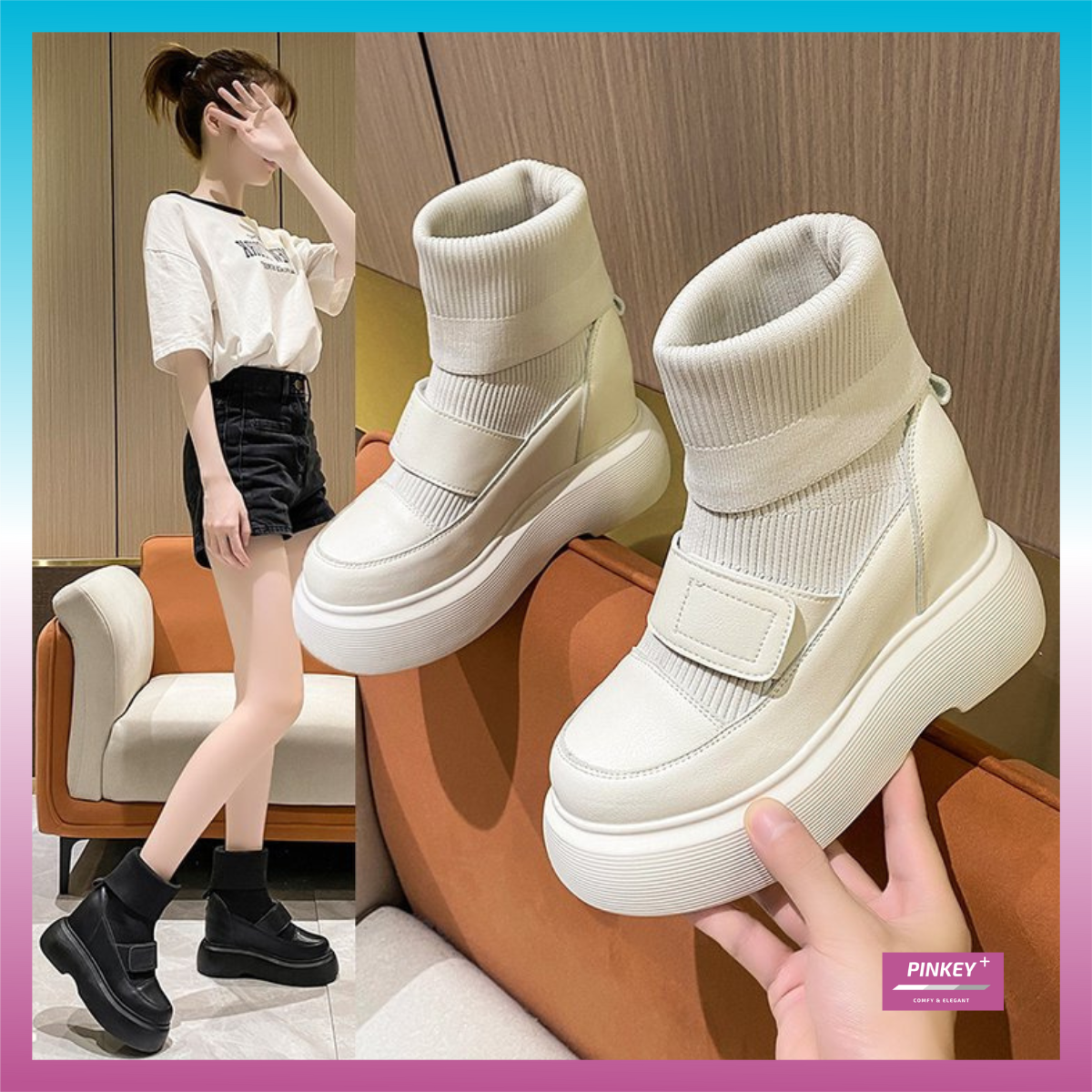 PINKEY P210 Sneakers Boots Wanita – High Top Platform Hitam