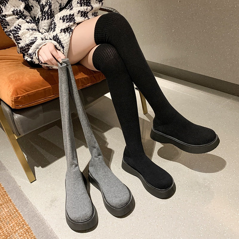 PINKEY P345 Knee High Boots Wanita – Winter Style Abu Hitam