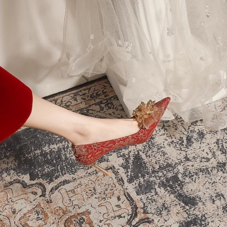 PINKEY P358 Heels Wanita Pointed Toe – Stiletto 8cm Pita Merah