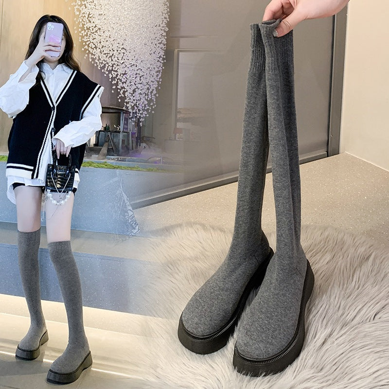 PINKEY P345 Knee High Boots Wanita – Winter Style Abu Hitam