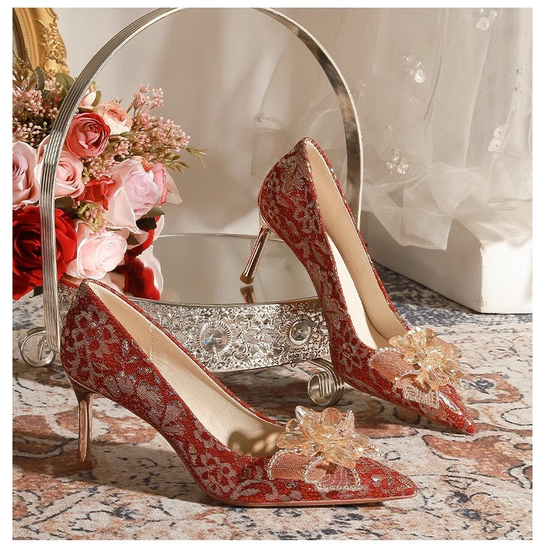 PINKEY P358 Heels Wanita Pointed Toe – Stiletto 8cm Pita Merah