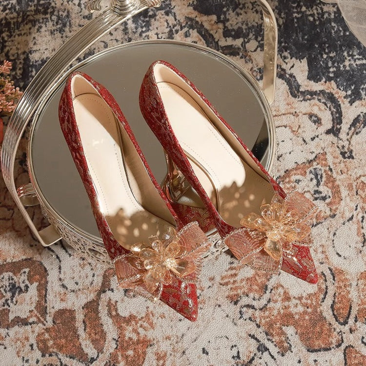 PINKEY P358 Heels Wanita Pointed Toe – Stiletto 8cm Pita Merah