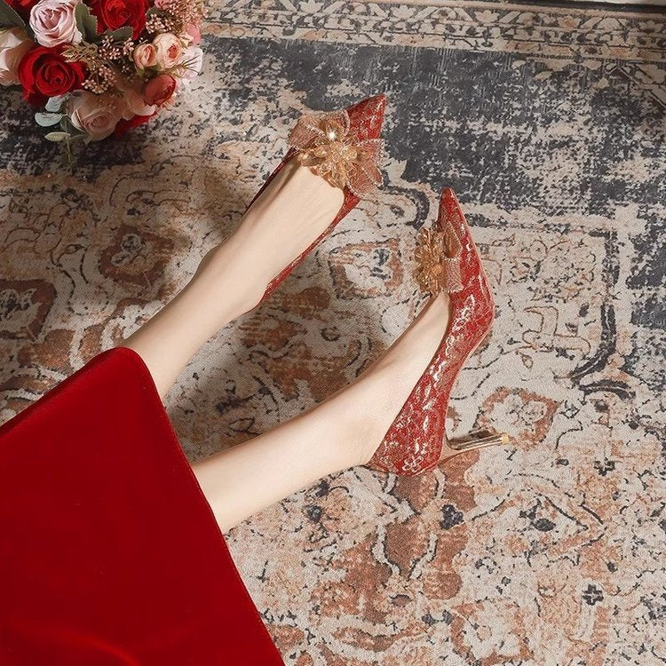 PINKEY P358 Heels Wanita Pointed Toe – Stiletto 8cm Pita Merah