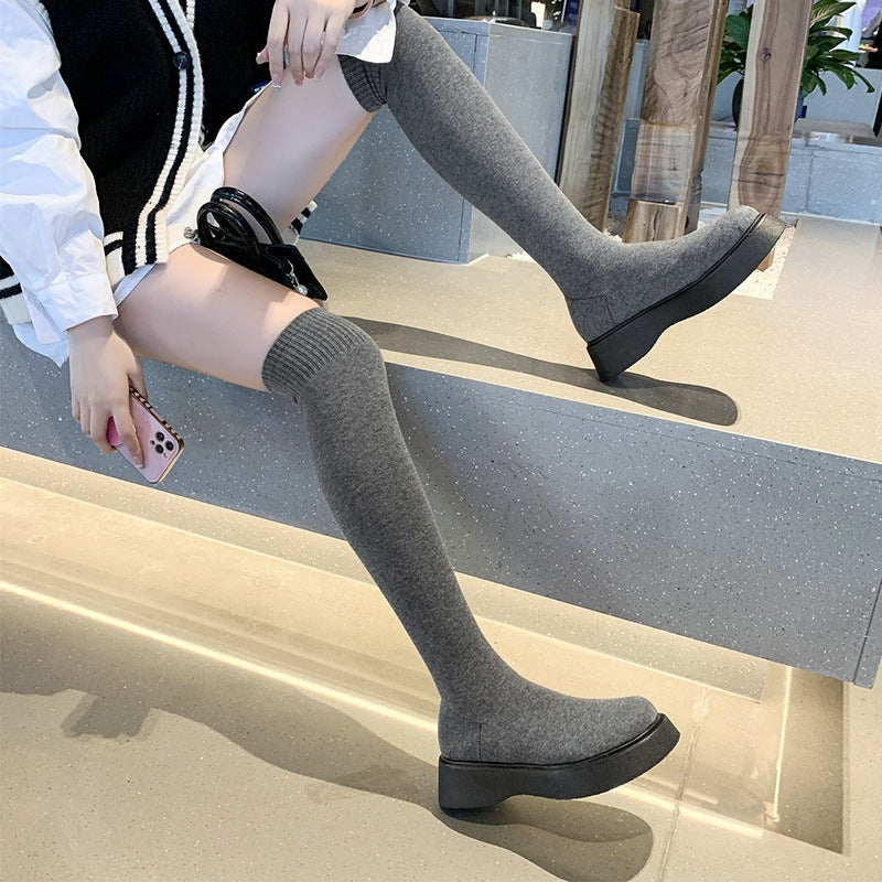 PINKEY P345 Knee High Boots Wanita – Winter Style Abu Hitam