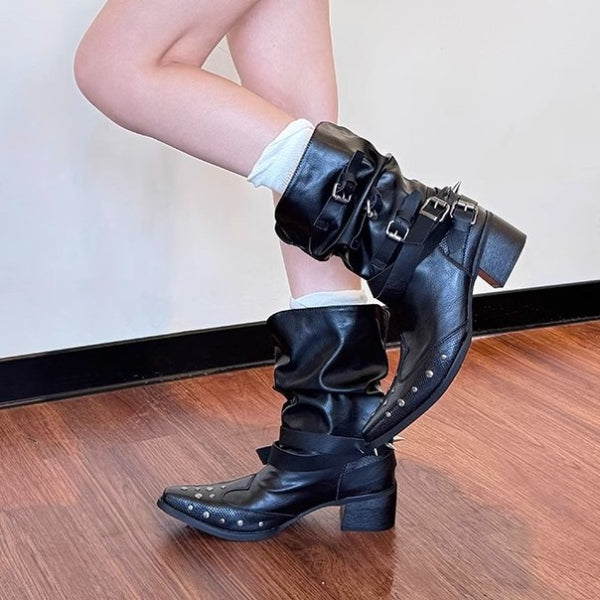 PINKEY P406 Boots Wanita Kulit Hitam – Western Belt Studded