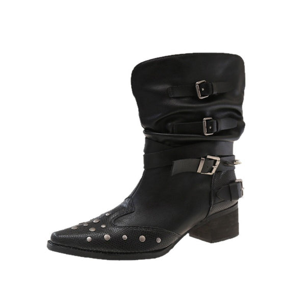 PINKEY P406 Boots Wanita Kulit Hitam – Western Belt Studded