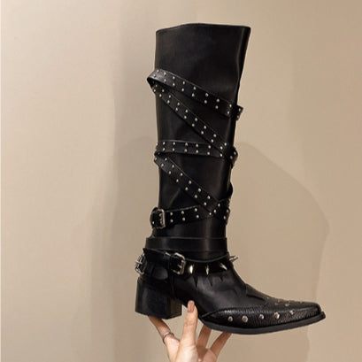PINKEY P401 Knee High Boots Wanita – Studded Belt Western Style