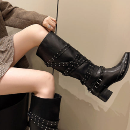 PINKEY P401 Knee High Boots Wanita – Studded Belt Western Style