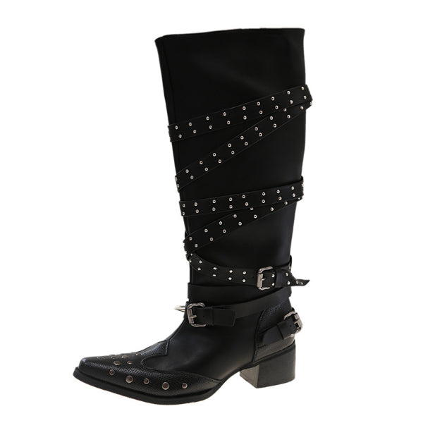 PINKEY P401 Knee High Boots Wanita – Studded Belt Western Style