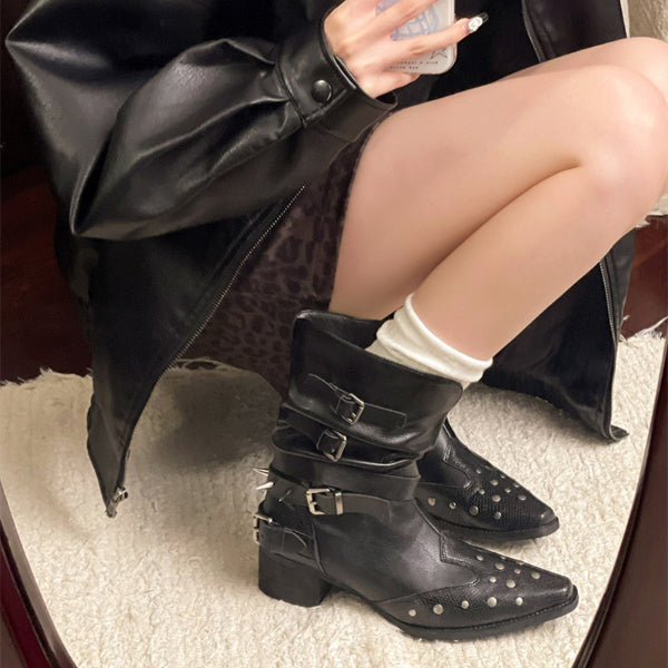 PINKEY P406 Boots Wanita Kulit Hitam – Western Belt Studded