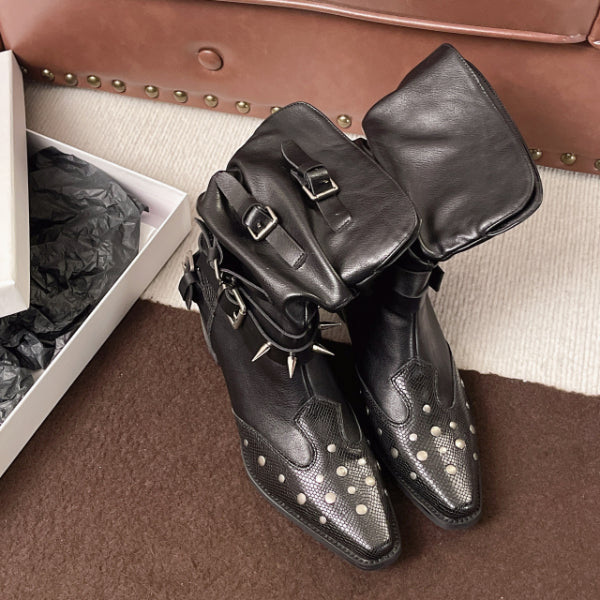 PINKEY P406 Boots Wanita Kulit Hitam – Western Belt Studded