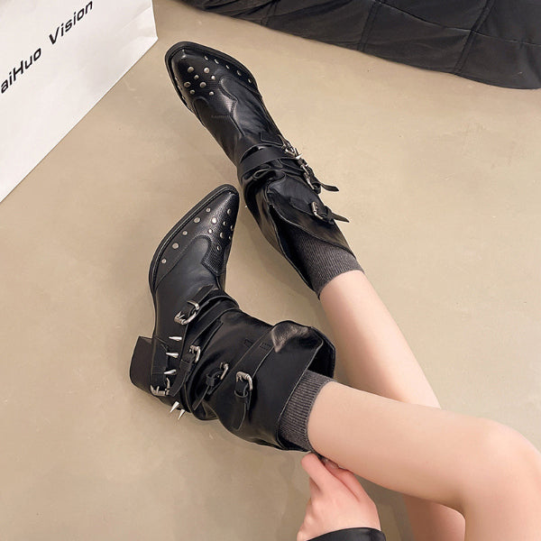 PINKEY P406 Boots Wanita Kulit Hitam – Western Belt Studded
