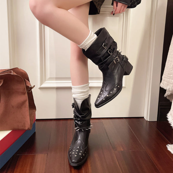 PINKEY P406 Boots Wanita Kulit Hitam – Western Belt Studded