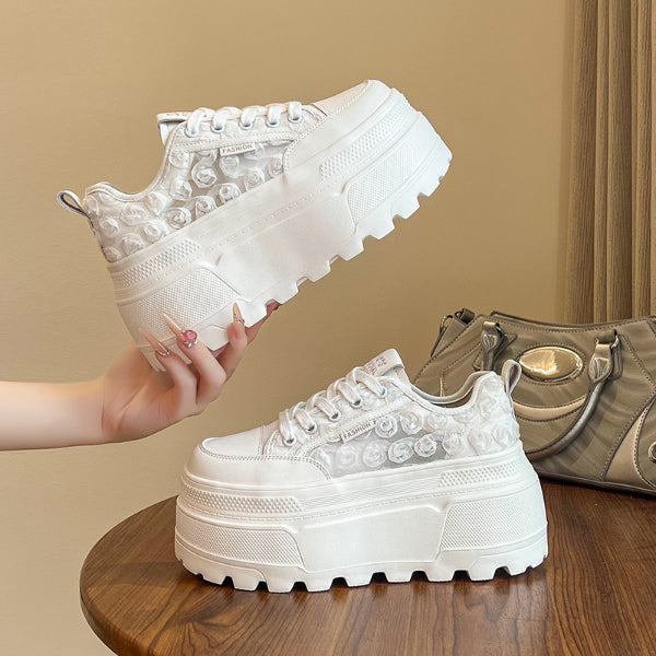 PINKEY P400 Sneakers Platform Wanita – Sepatu Putih Bunga 3D