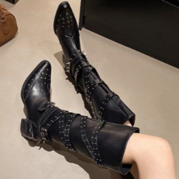 PINKEY P401 Knee High Boots Wanita – Studded Belt Western Style