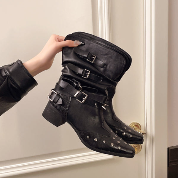 PINKEY P406 Boots Wanita Kulit Hitam – Western Belt Studded