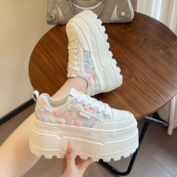 PINKEY P400 Sneakers Platform Wanita – Sepatu Putih Bunga 3D