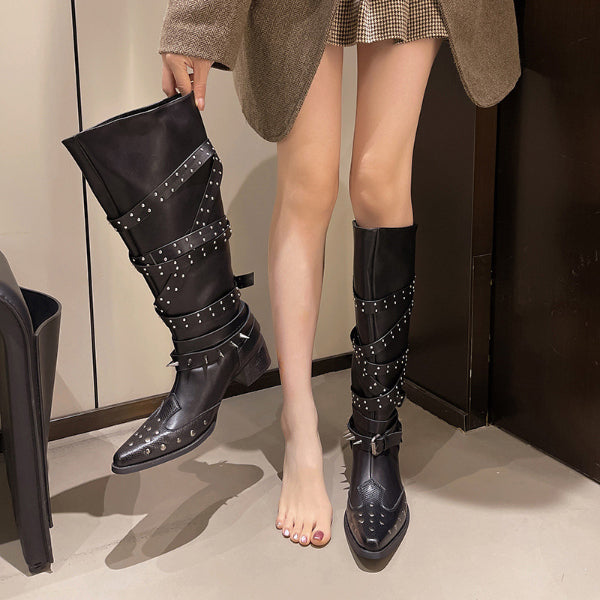 PINKEY P401 Knee High Boots Wanita – Studded Belt Western Style