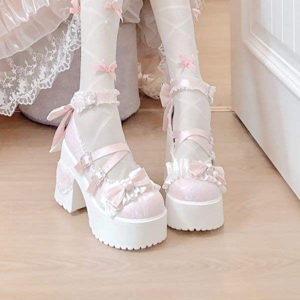 PINKEY P418 Platform Heels Wanita – Lolita Renda Pita Pastel