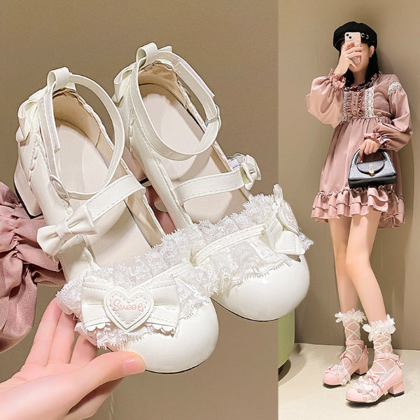 PINKEY P417 Mary Jane Heels Wanita – Lolita Pita Renda Pastel