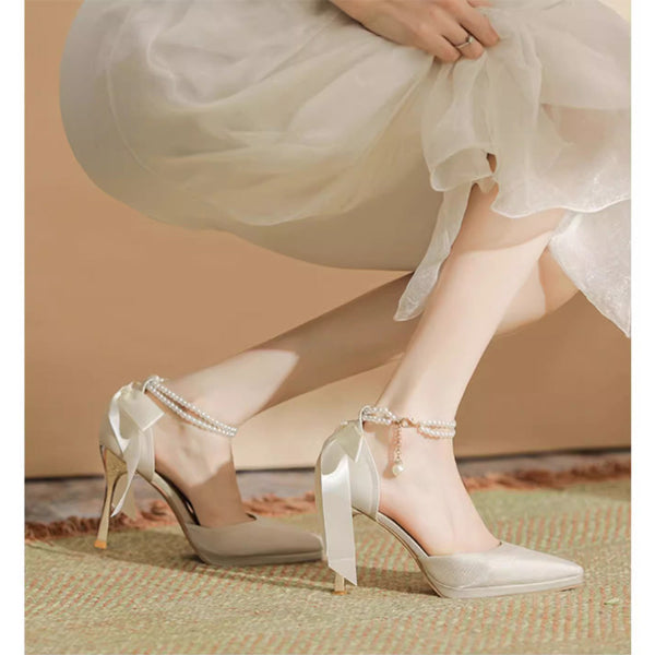 PINKEY P410 Heels Wanita Pearl Ribbon – Party Wedding Elegant