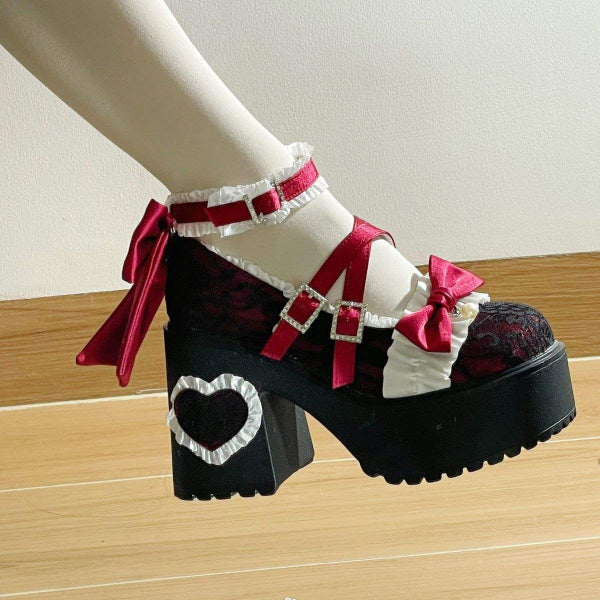PINKEY P418 Platform Heels Wanita – Lolita Renda Pita Pastel