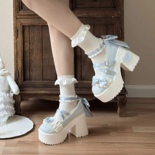 PINKEY P418 Platform Heels Wanita – Lolita Renda Pita Pastel