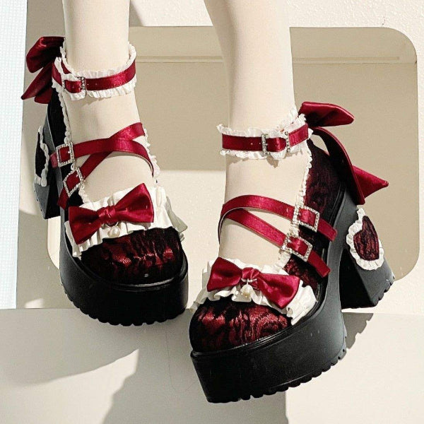 PINKEY P418 Platform Heels Wanita – Lolita Renda Pita Pastel