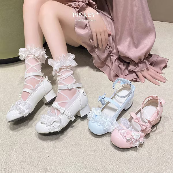 PINKEY P417 Mary Jane Heels Wanita – Lolita Pita Renda Pastel