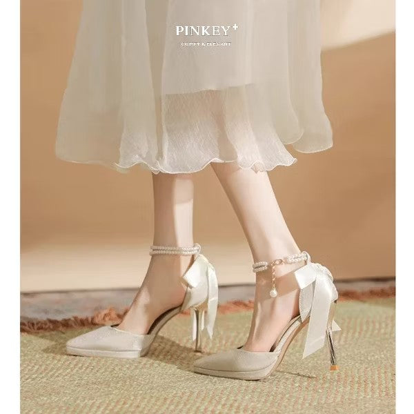 PINKEY P410 Heels Wanita Pearl Ribbon – Party Wedding Elegant