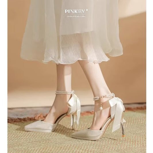 PINKEY P410 Heels Wanita Pearl Ribbon – Party Wedding Elegant