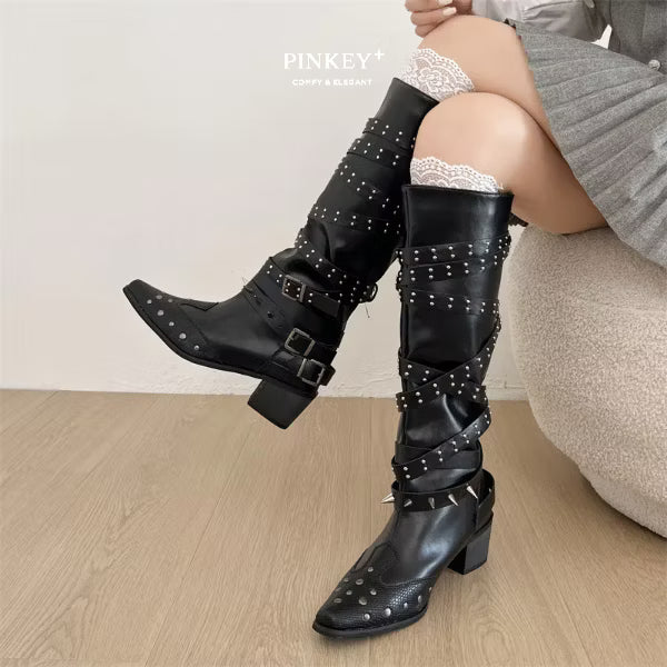 PINKEY P401 Knee High Boots Wanita – Studded Belt Western Style